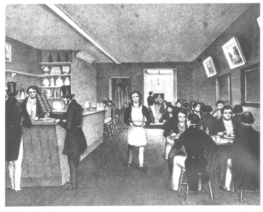 Black-and-white image of people seated at tables and standing at a bar, eating and drinking
