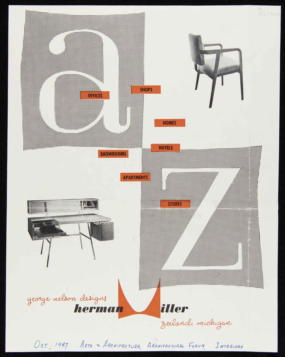 Page with large "a" and "z," photos of desk and chair, and text