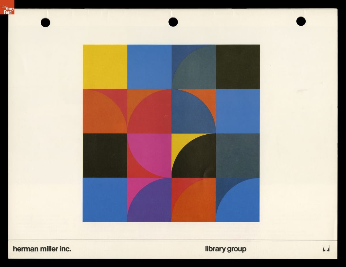 White page containing text and colorful pattern of squares and semi-circles
