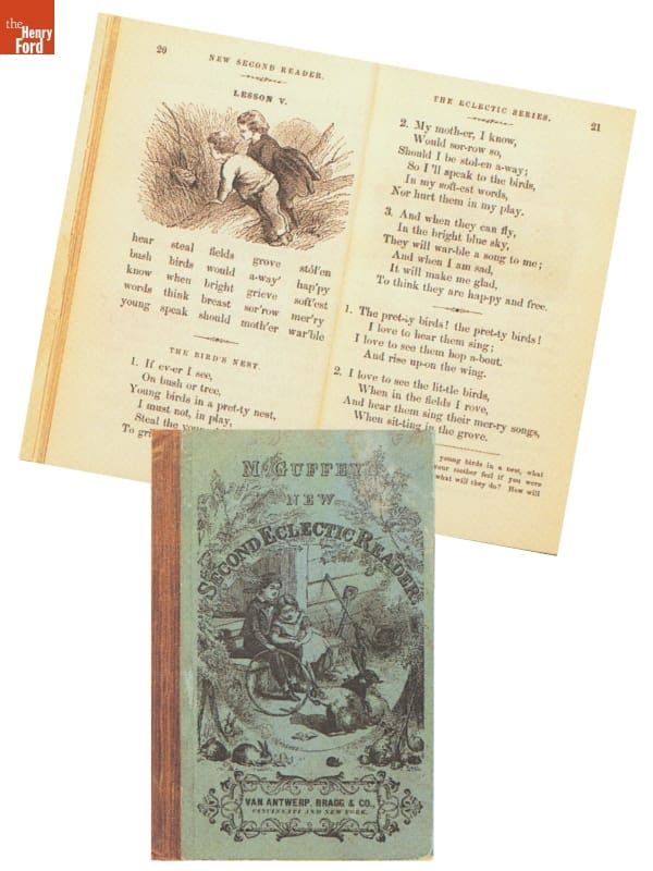 Blue book cover with image and text and book opened to two-page spread with image and text