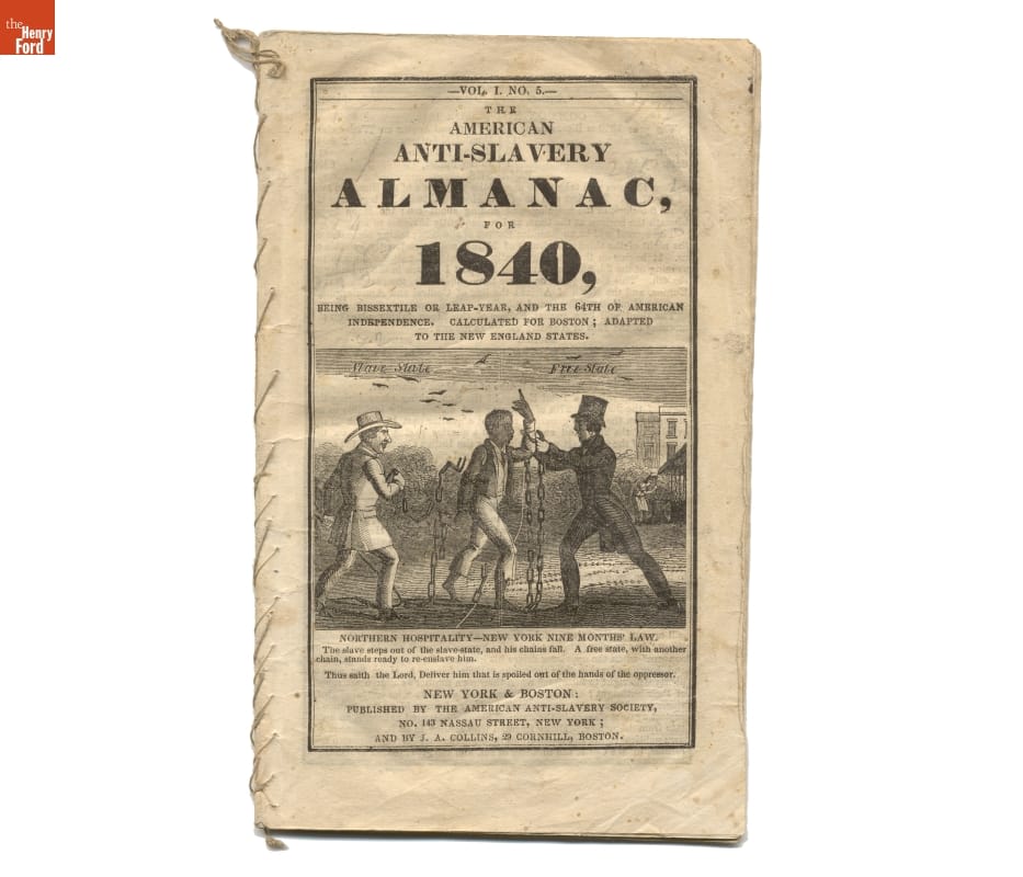 "American Anti-Slavery Almanac for 1840" / cover Page with text and print of man in chains being pulled by two other men on either side of the first