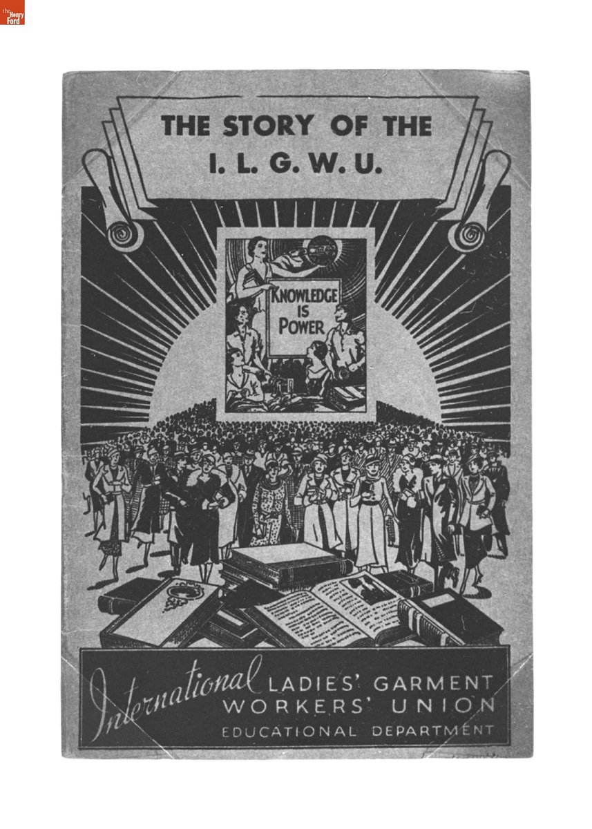 Cover with large crowd of women, each carrying a book, with a table filled with books in the foreground; smaller inset image with more women and text "Knowledge Is Power"; also contains more text