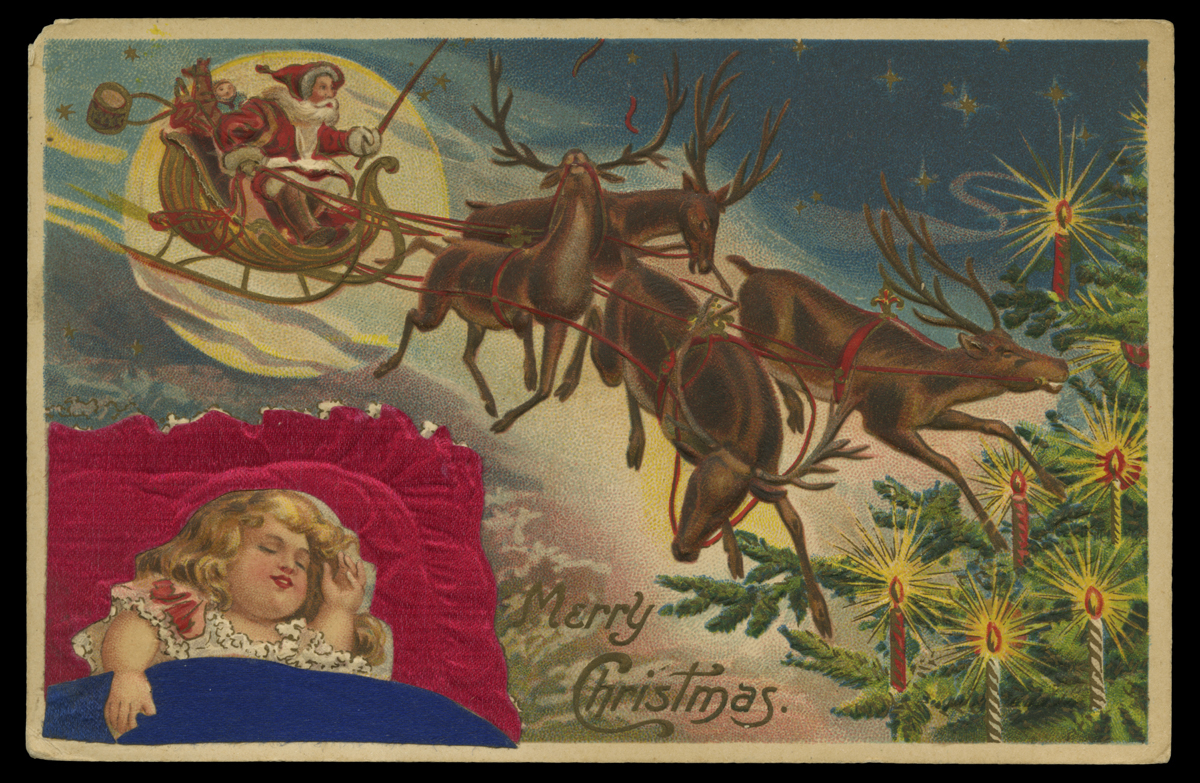 Postcard with Santa in sleigh being pulled by four reindeer; also contains a Christmas tree and child sleeping