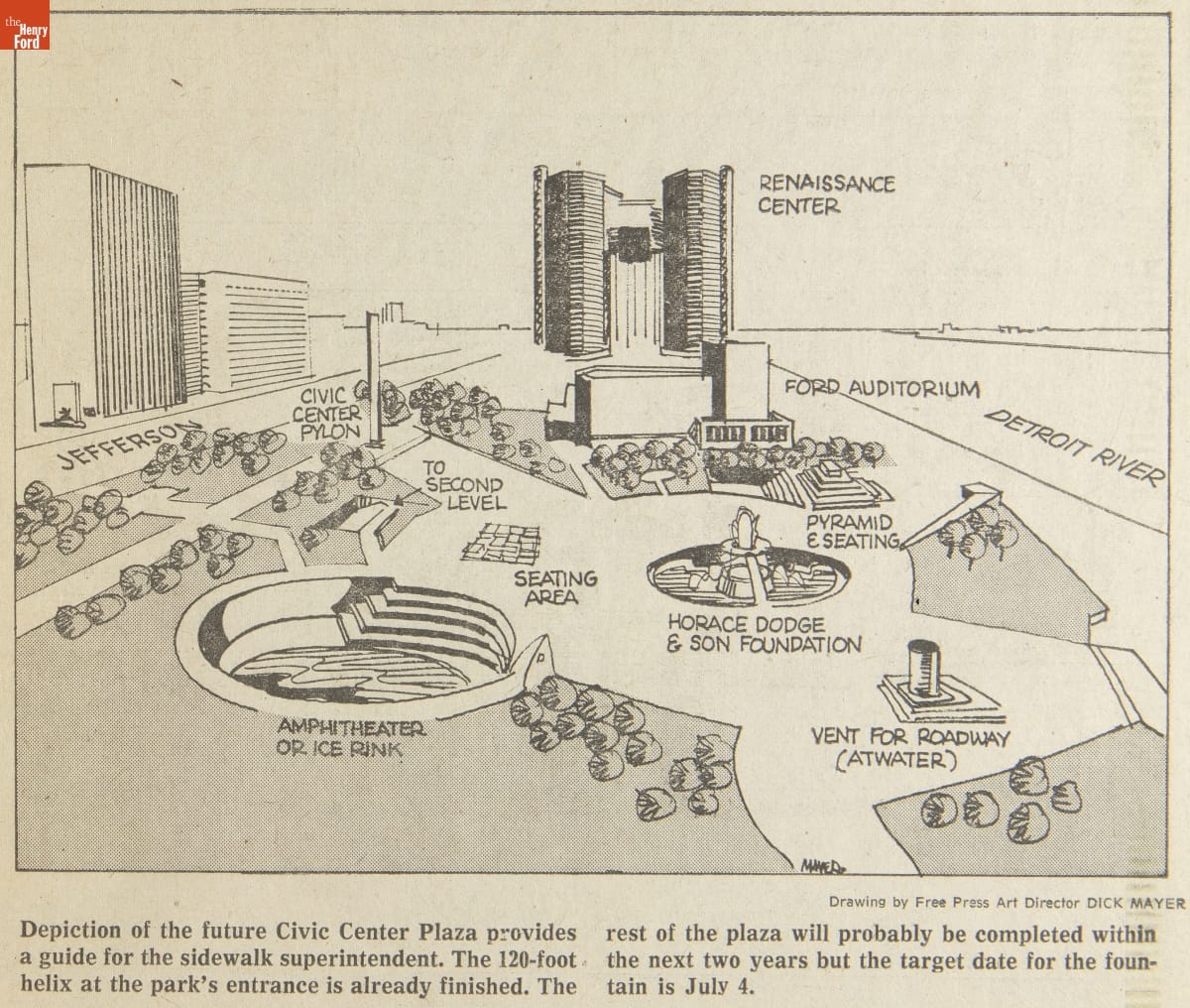 Rendering of urban park by river and buildings, with features such as amphitheater and fountain labeled 