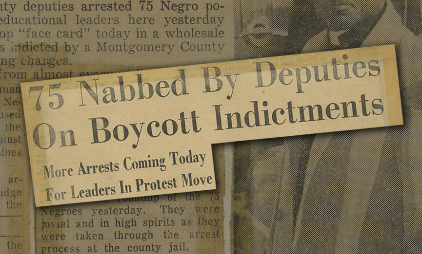 Newspaper headline enlarged over background of yellowed newspaper article text