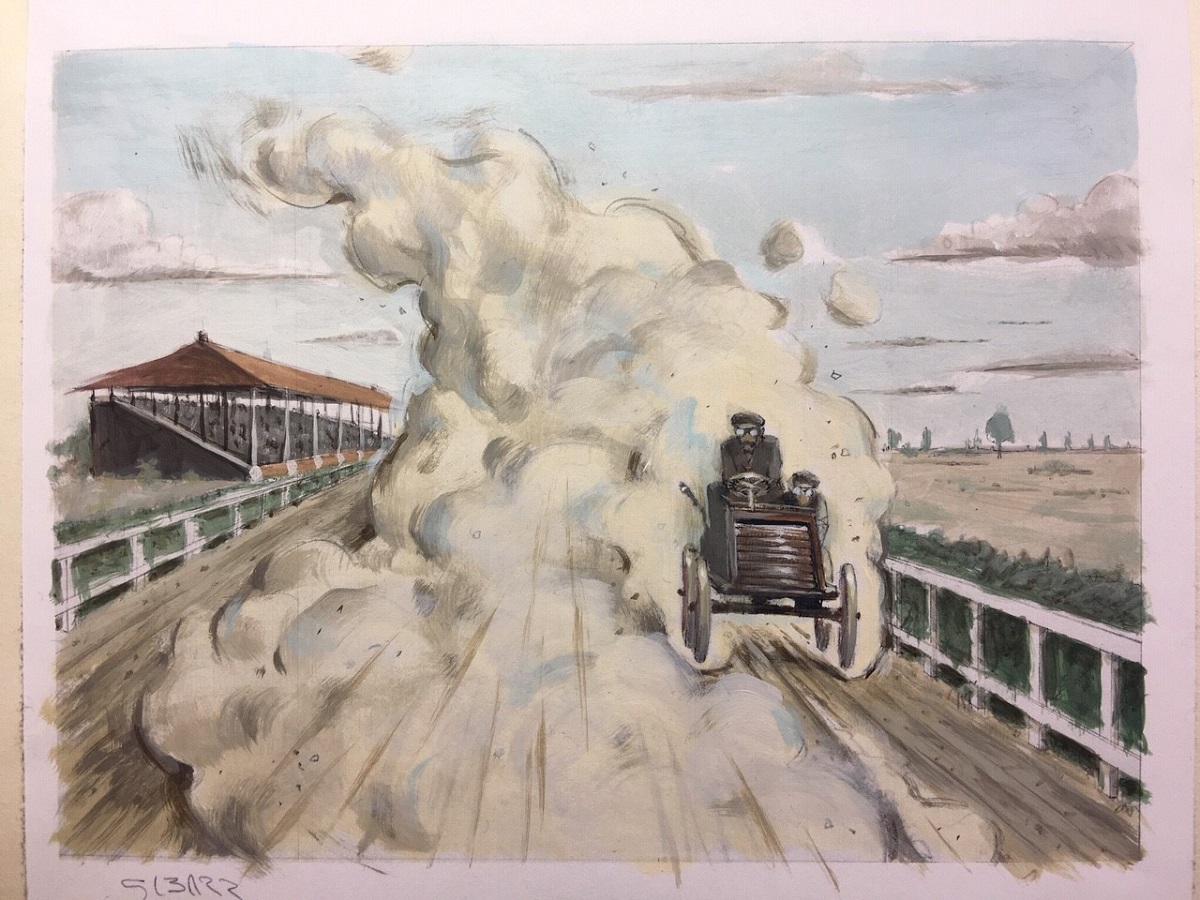 Car on dirt track with clouds of smoke behind it, fences on both sides of track and grandstands in the background
