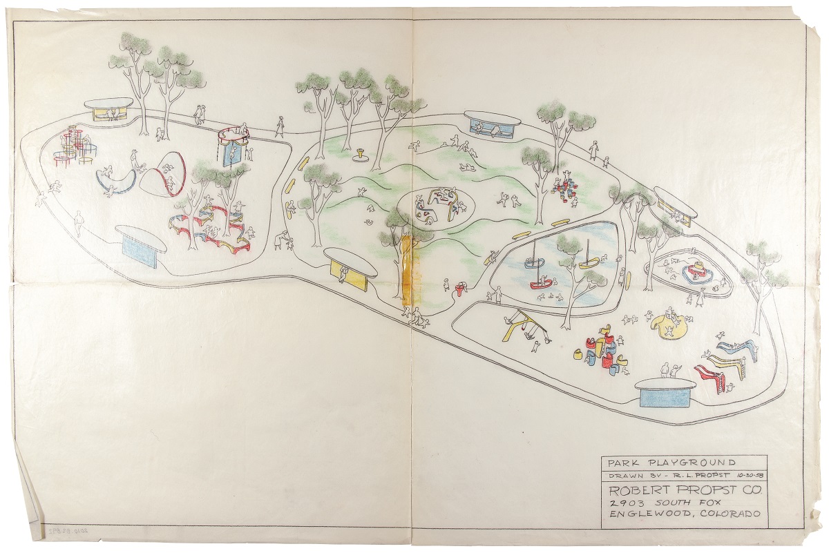 Design drawing of playground from above showing a variety of play structures and children using them; also contains text