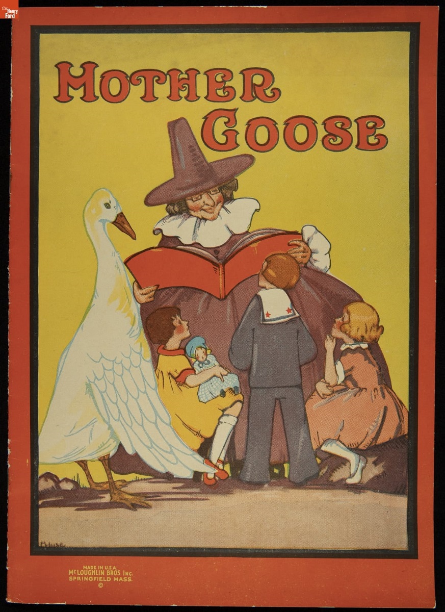 Red and yellow book cover with text "Mother Goose" and image of person in purple hat and clothing reading a book to three children and a goose