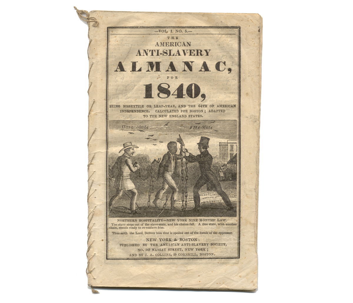 Yellowed cover with image of two white men in suits holding an African American man in chains and title reading in part “The American Anti-Slavery Almanac for 1840”