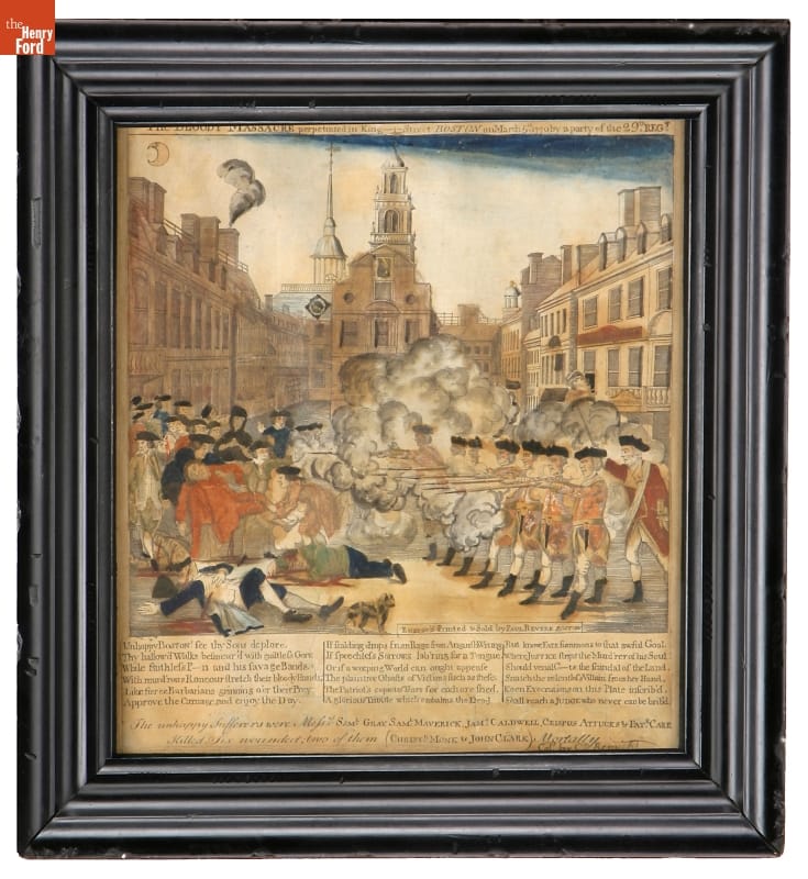 Engraving, "The Bloody Massacre Perpetrated in King-Street, Boston on March 5th, 1770" Framed color print showing a group of soldiers firing on people in a city square or street
