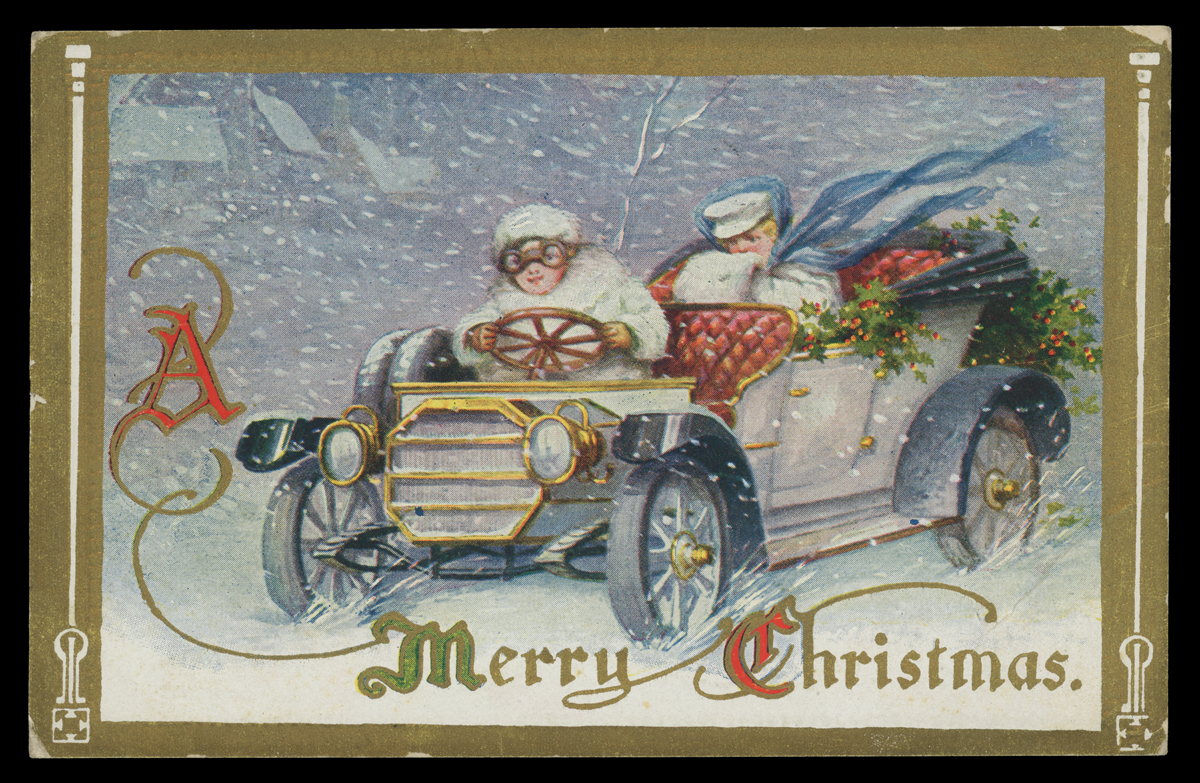 Postcard of two people in an open car driving through snow