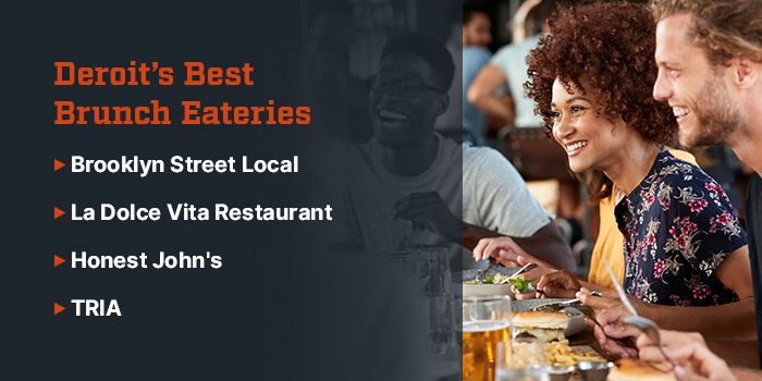 Detroit's Best Brunch Eateries: Brooklyn Street Local, La Dolce Vita Restaurant, Honest John's, TRIA. Photo of people enjoying a meal around a table in a restaurant.