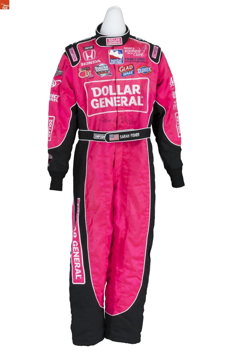 Red jumpsuit with black trim containing text and corporate logos on bodice