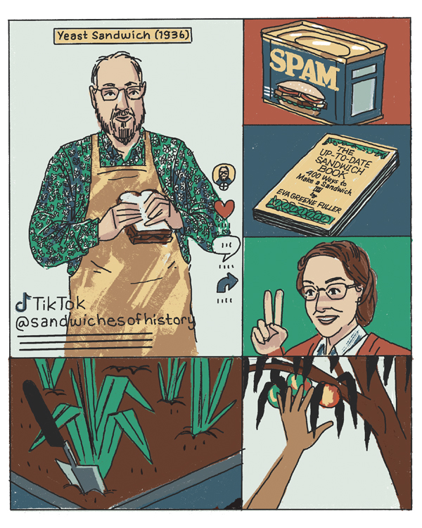 RecipeReboot_illustration_2 Illustration of a man holding a yeast sandwich, a can of spam, a sandwich how to book, a women signaling "two" with her hands, a garden plot, and a hand reaching for an apple in a tree.