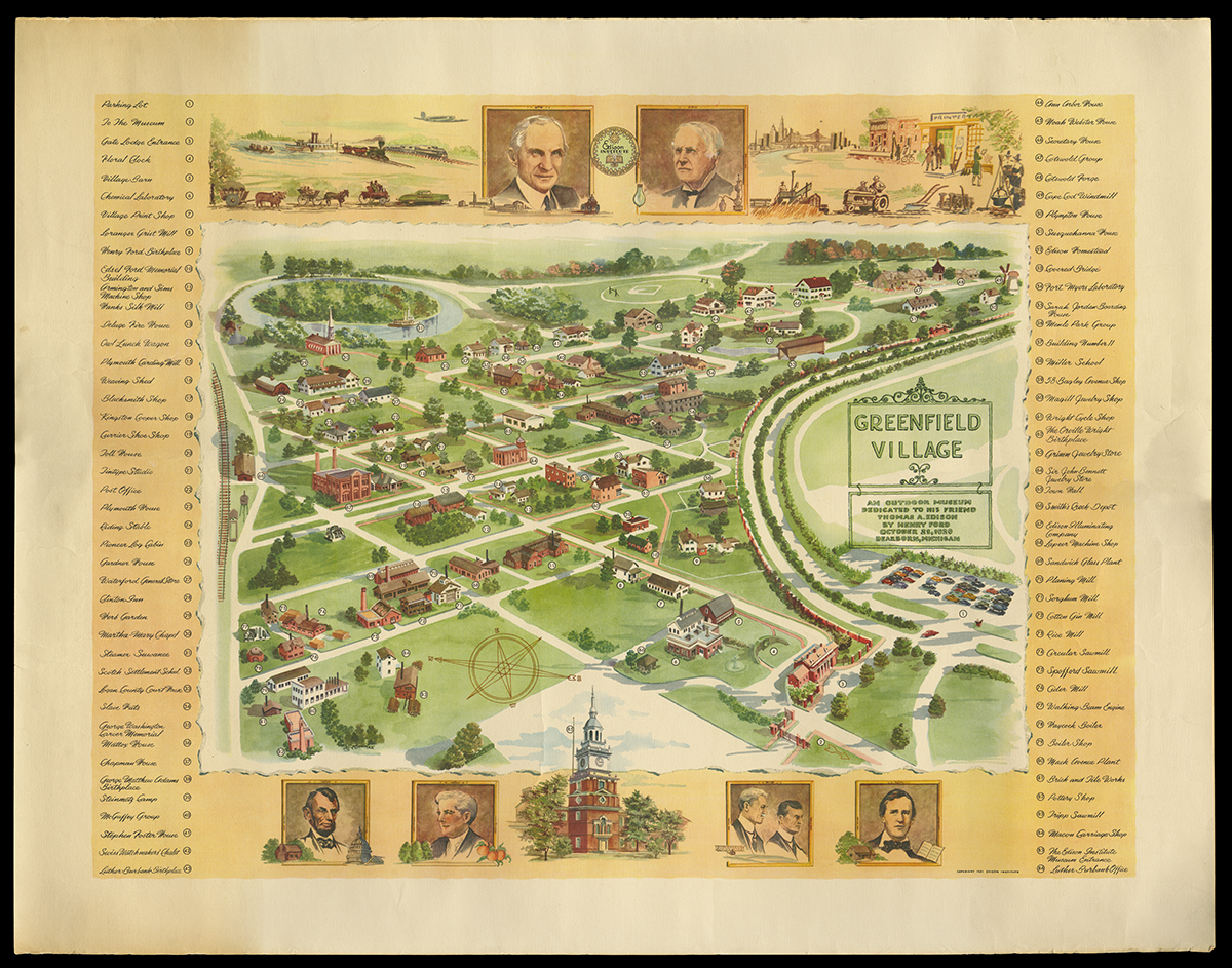 Map of Greenfield Village, 1951 Pictorial map showing building locations with legend (contains text)