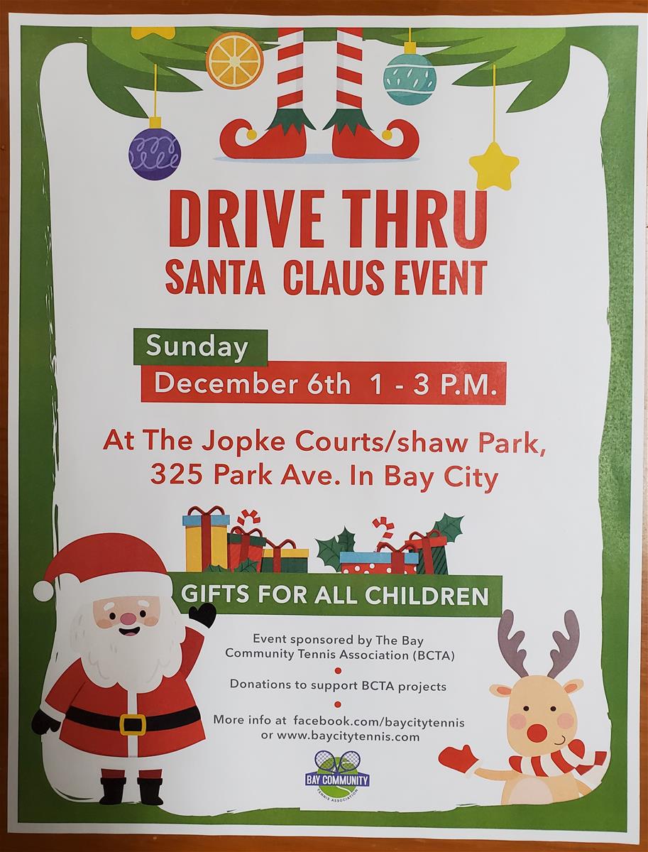 Flyer with images of Santa, a reindeer in a scarf, and other holiday items, with text