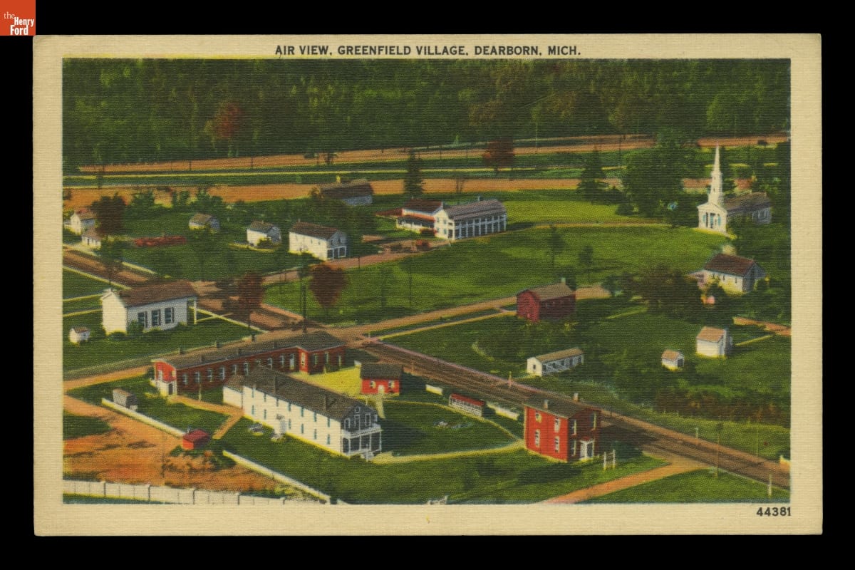 Postcard, Aerial View of Greenfield Village, 1940 Postcard with image of buildings, greenspace, and roads