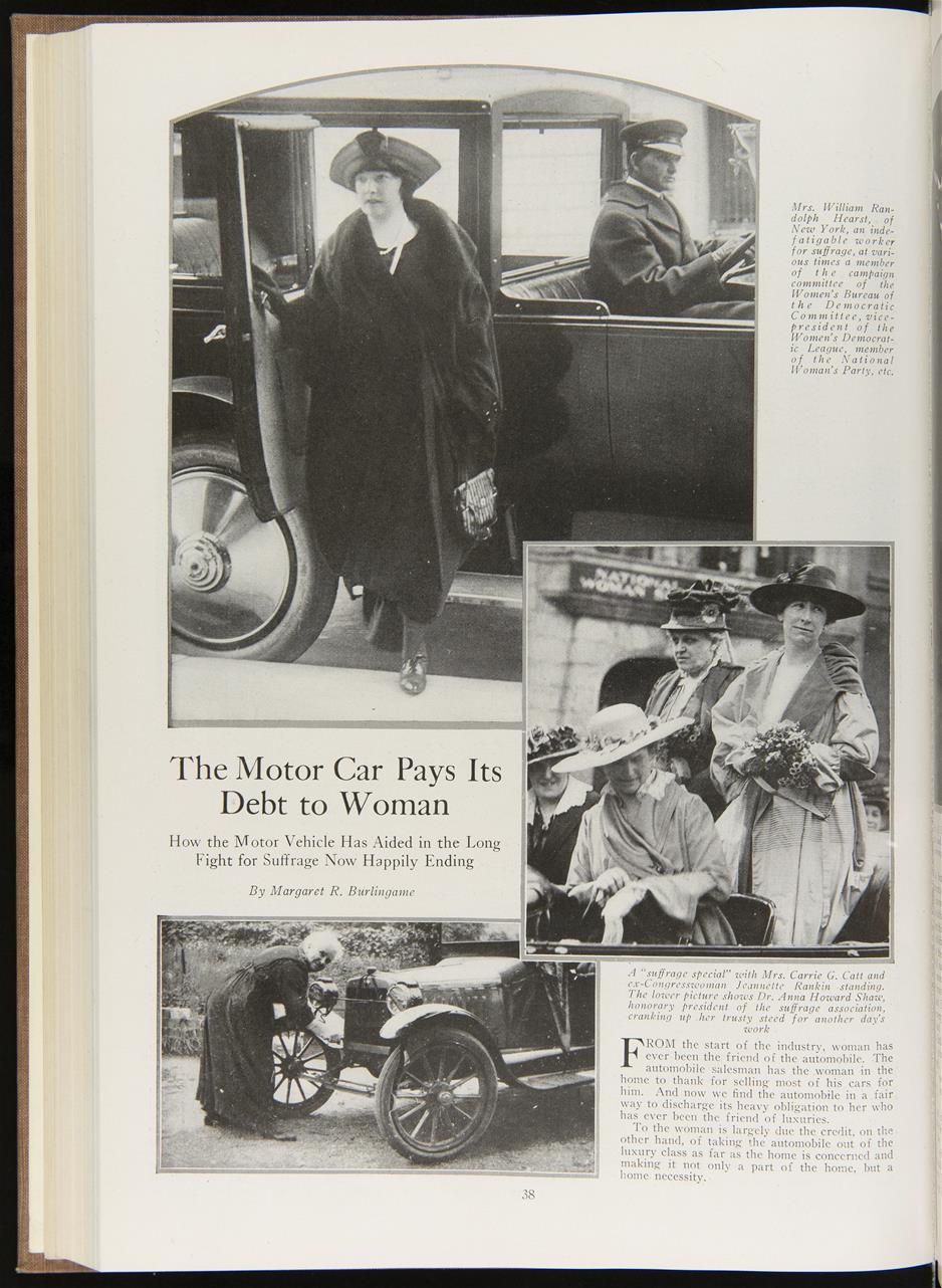 July 1919, Motor magazine page Magazine page with several images of women and cars, also text