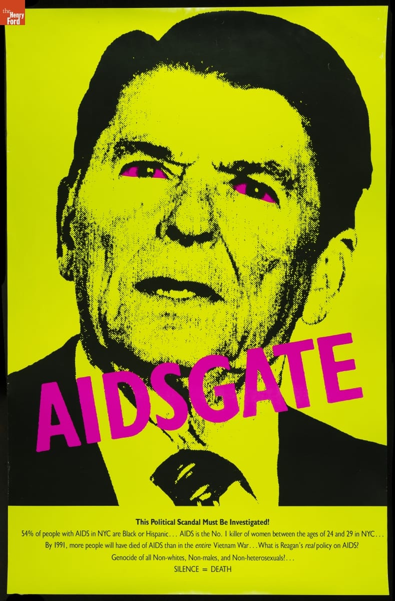 Yellow poster with image of Ronald Reagan with purple eyes and text "AIDSGATE"