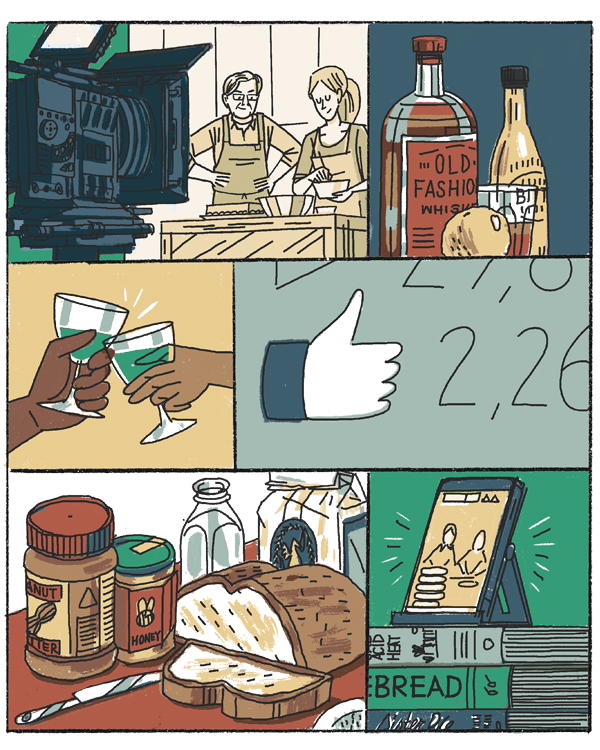 RecipeReboot_illustration_1 Illustration of a man and woman in front of a camera cooking a meal, old fashion whiskey and bitters, two hands clinging wine glasses, a hand giving a thumbs up, a spread of toppings for a sandwich, and a tablet propped on a stack of cooking books.