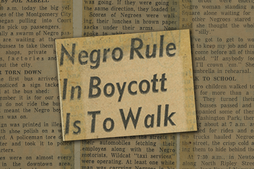 Newspaper headline enlarged over background of yellowed newspaper article text