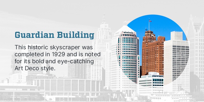 Guardian Building Detroit. This historic skyscraper was completed in 1929 and is noted for its bold and eye-catching Art Deco style. Photo of the Detroit skyline with a circle for focus on the Guardian Building.