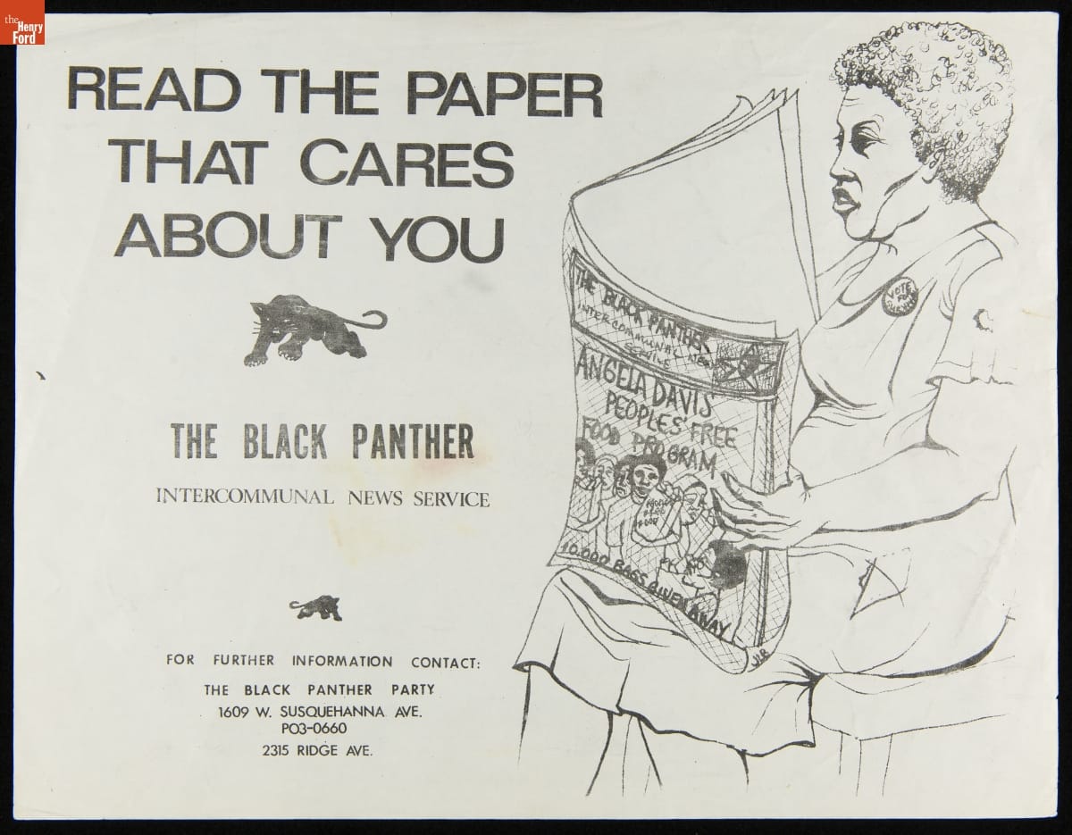 Black-and-white page with text and line drawing of woman reading newspaper