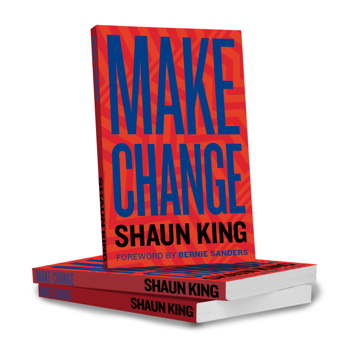 Book standing up on two identical books; contains blue and black text on an orange-and-pink graphic background
