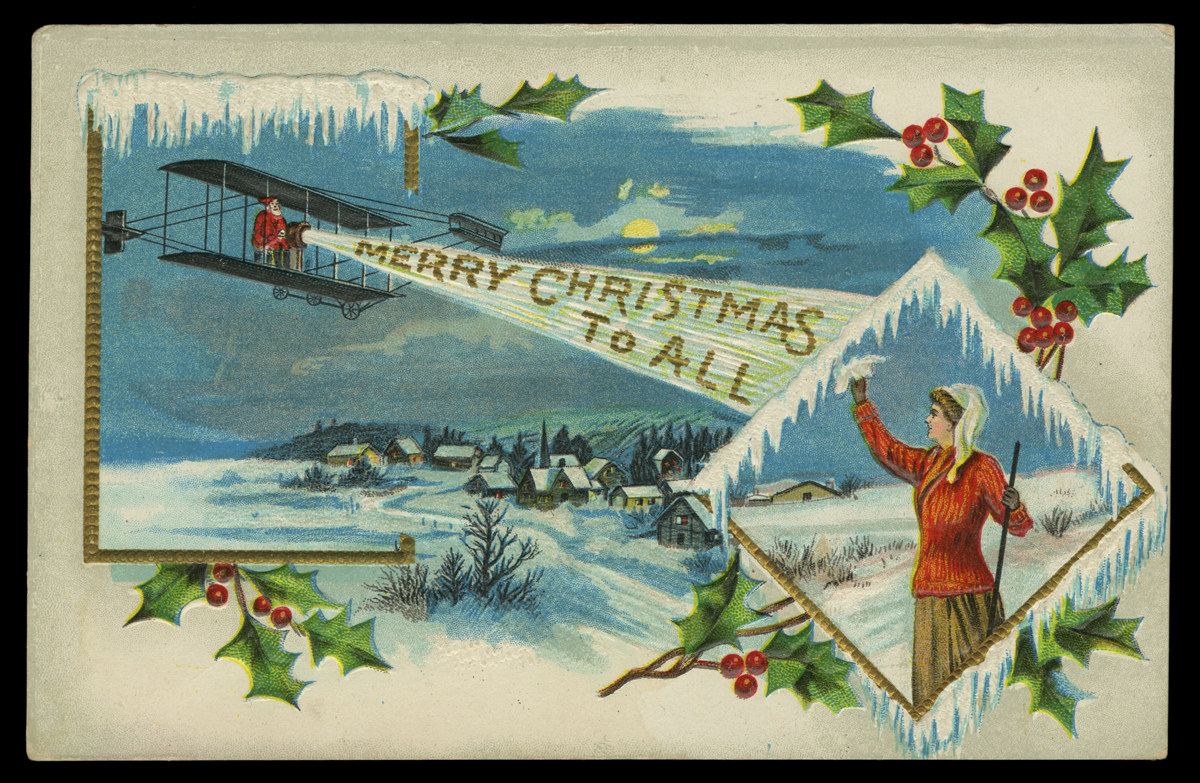 Christmas Greeting Postcard, "Merry Christmas to All," 1910 Postcard with Santa in an old-fashioned airplane flying over a snowy scene as a woman waves; also contains text