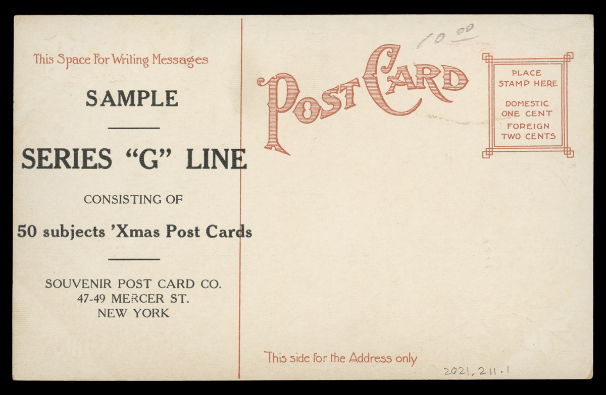 Back of postcard with printed text and place for writing message, address, and stamp