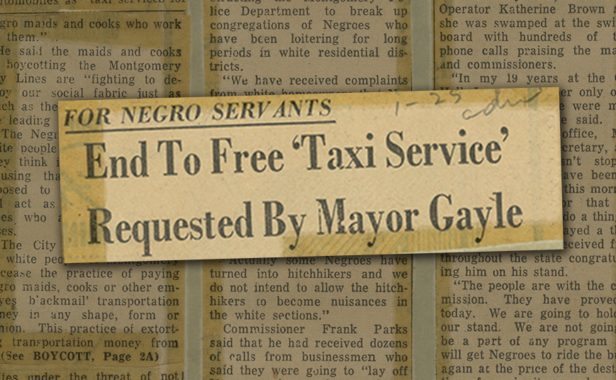 Newspaper headline enlarged over background of yellowed newspaper article text
