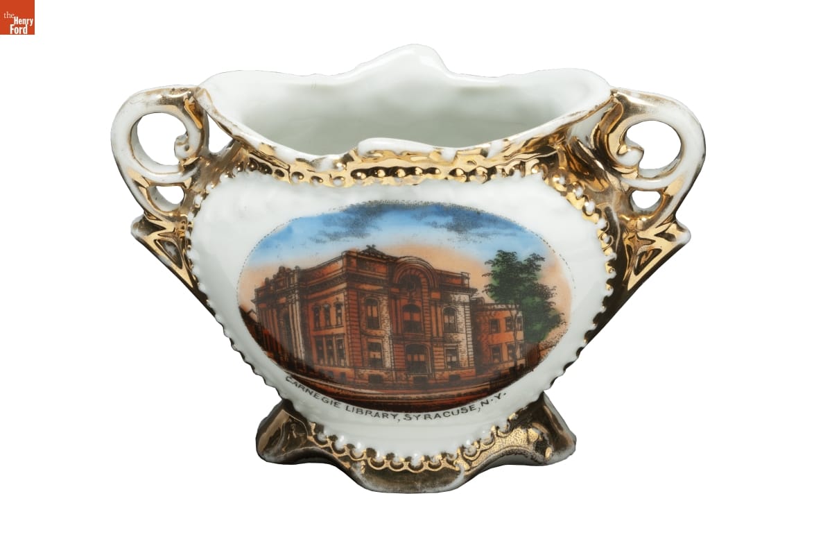 Vase, "Carnegie Library, Syracuse, NY," 1905-1920 Ceramic vase depicting the Carnegie library.
