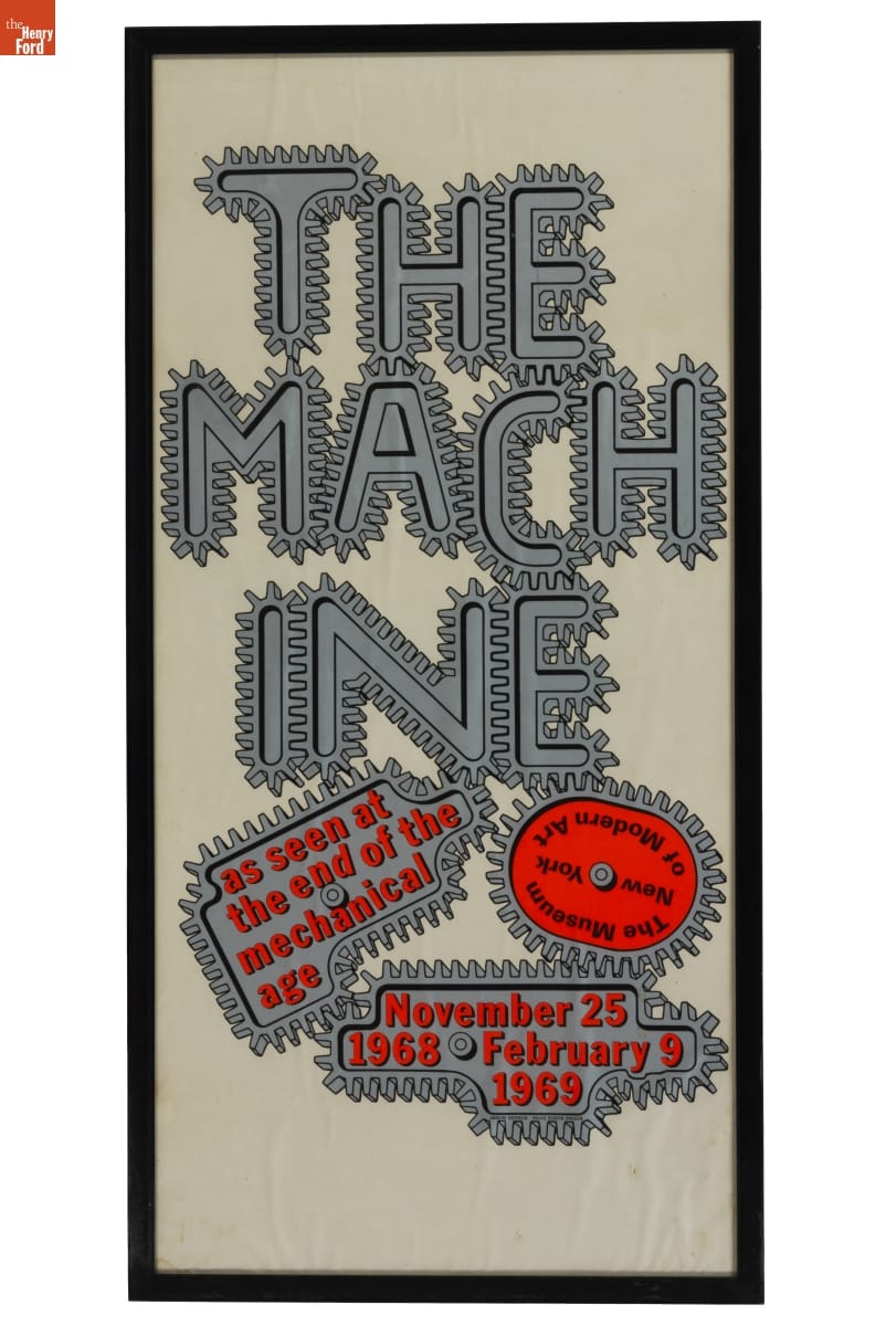 Poster with text surrounded with gear-type teeth in gray and red