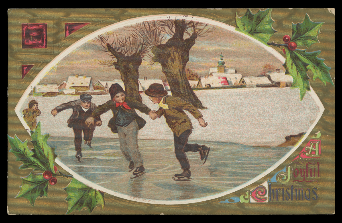 Postcard with eye-shaped illustration of children skating on an icy pond; border contains holly and text