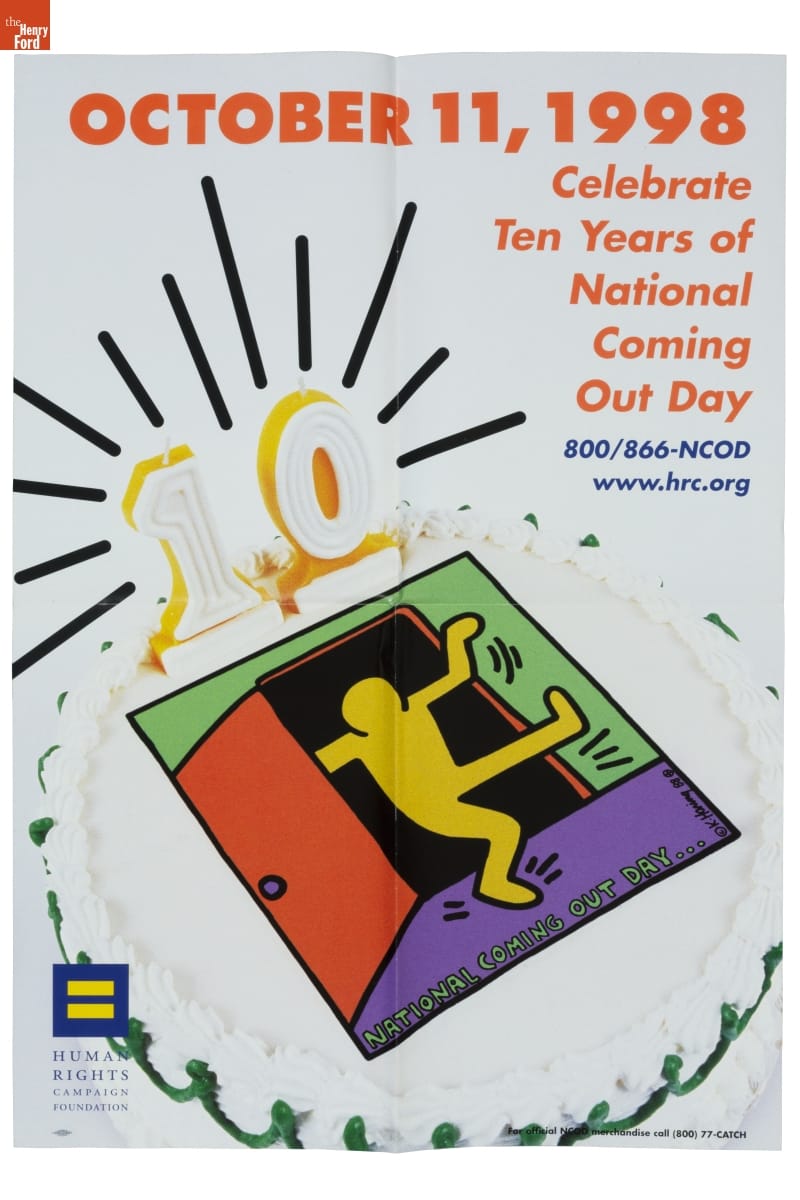 Poster with text and photo of cake with large number "10" and Keith Haring-esque figure kicking open a door on it