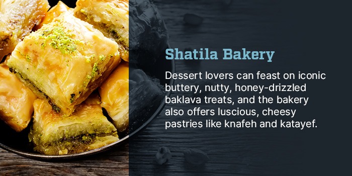 08-shatila-bakery Shatila Bakery Detroit. Dessert lovers can feast on iconic buttery, nutty, honey-drizzled baklava treats, and the bakery also offers luscious, cheesy pastries like knafeh and katayef. Photo of baklava on a plate.