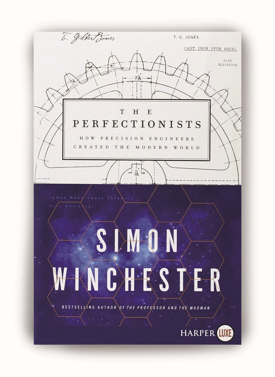 Blue and white book cover with text, line drawing of gears, and image of space