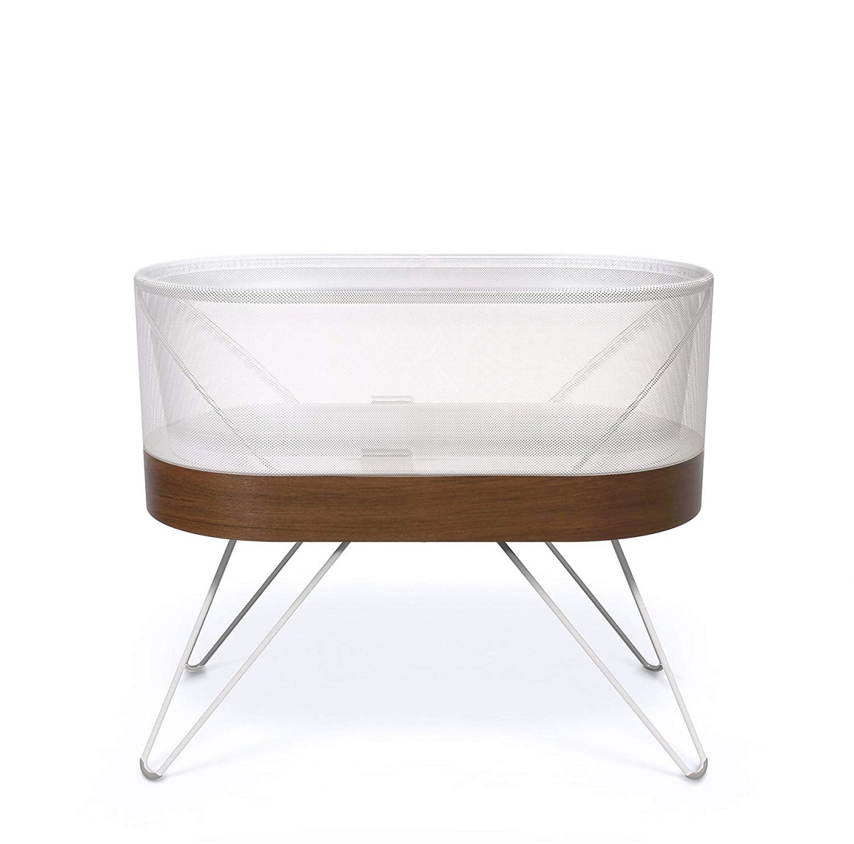 Bassinet with hairpin metal legs, wooden base, and clear mesh sides