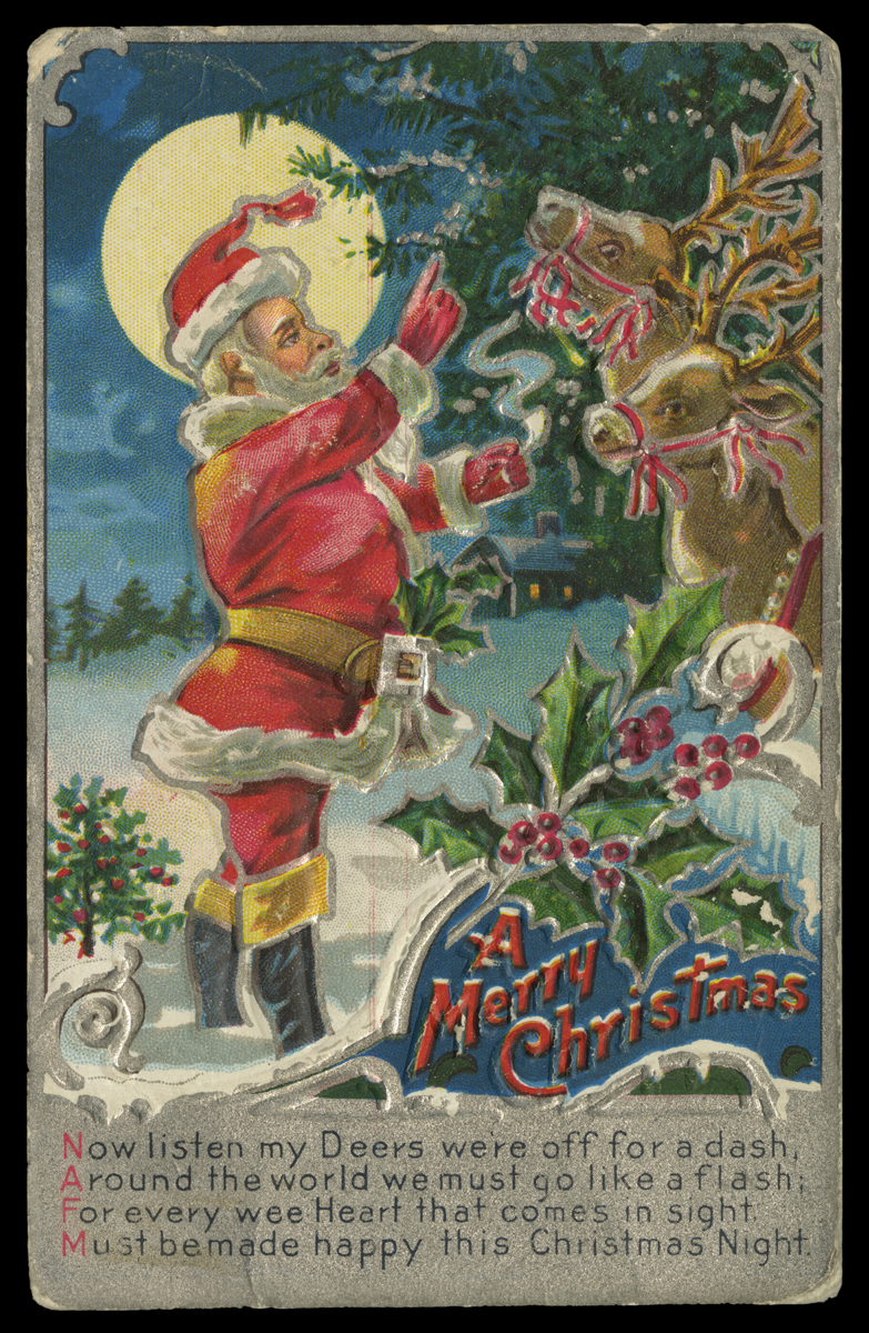 Vertical postcard with text and image of Santa holding his hands out to two reindeer