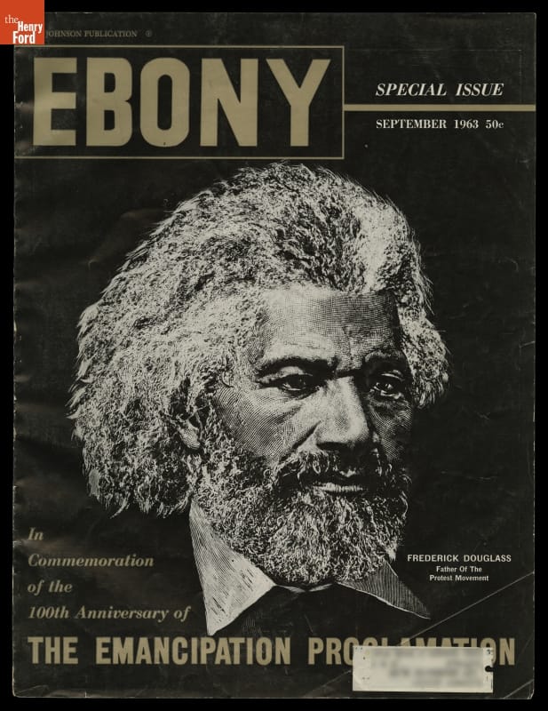 Ebony magazine cover with text and image of Black man with bushy hair, beard, and mustache