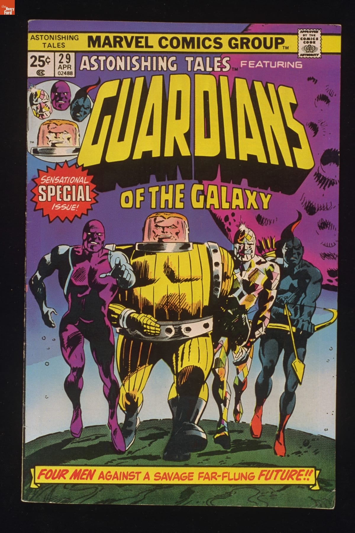 Four characters walk on grass with a blue sky and large purple asteroid behind them, plus text
