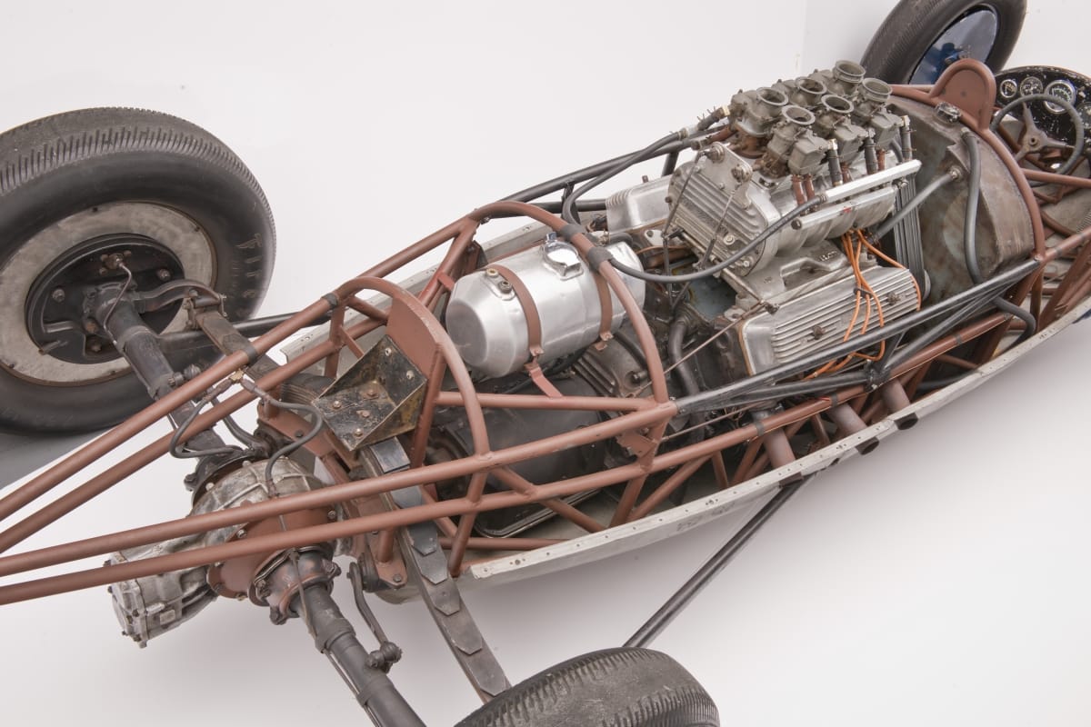 Racing car chassis showing engine and drivetrain