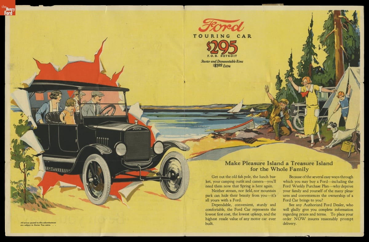 Two-page spread with yellow advertisement with text and image of people in car "breaking through" the page, and additional people waving from lakeside campground 