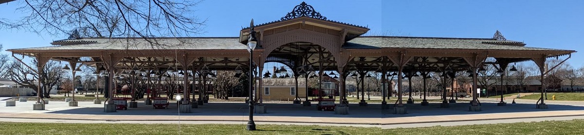 Detroit Central Market in Greenfield Village, April 2022 Panoramic image of large, open-sided building with many support beams