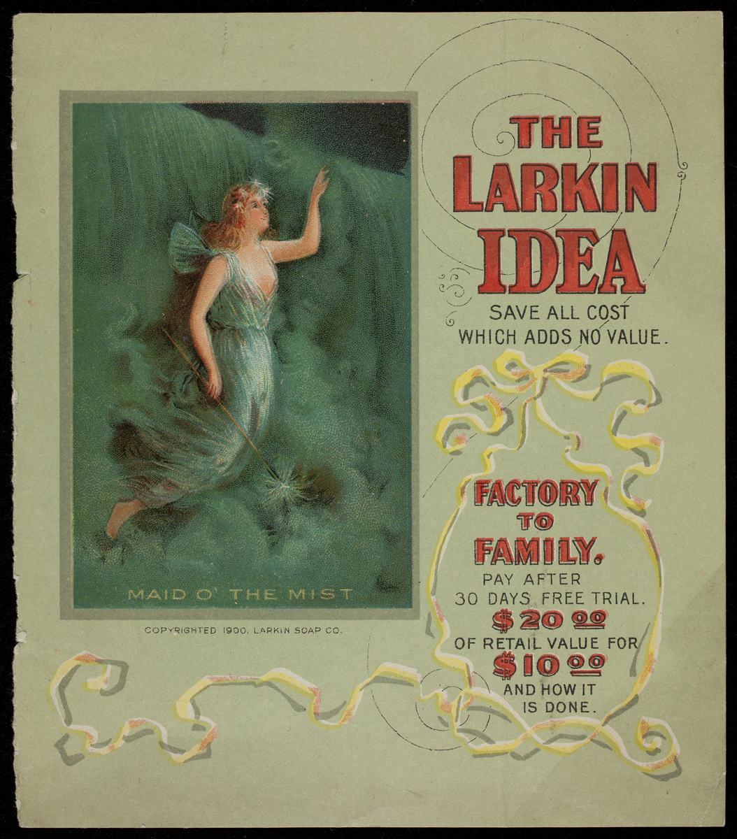 Green card with text and image of woman in wispy dress with wings