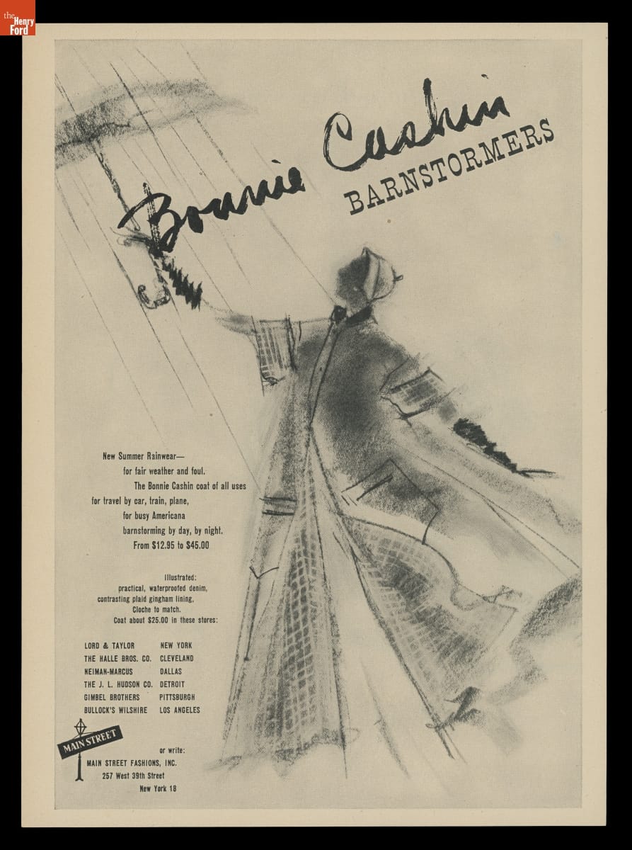 Advertisement with impressionistic black-and-white drawing of a woman in a raincoat holding an umbrella; also contains text