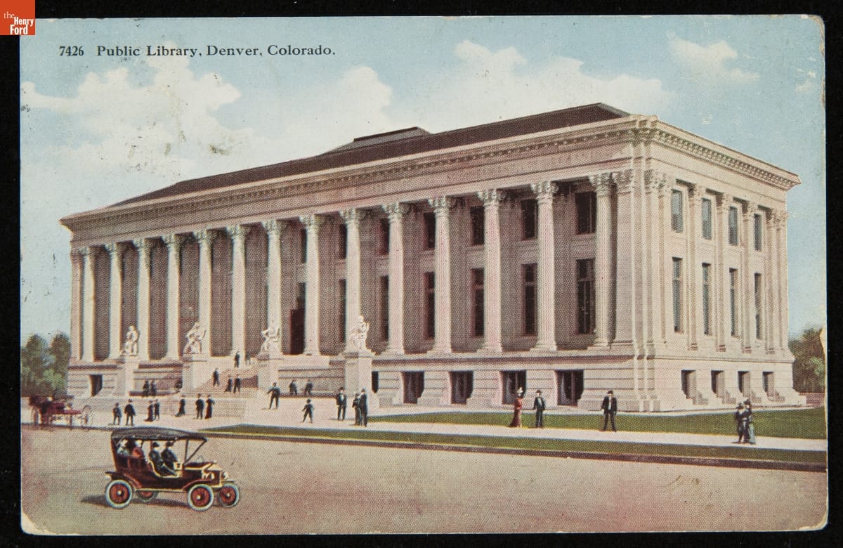 Postcard, "Public Library, Denver, Colorado," 1910 Postcard depicting the front street view of the public library in Denver, Colorado in 1910