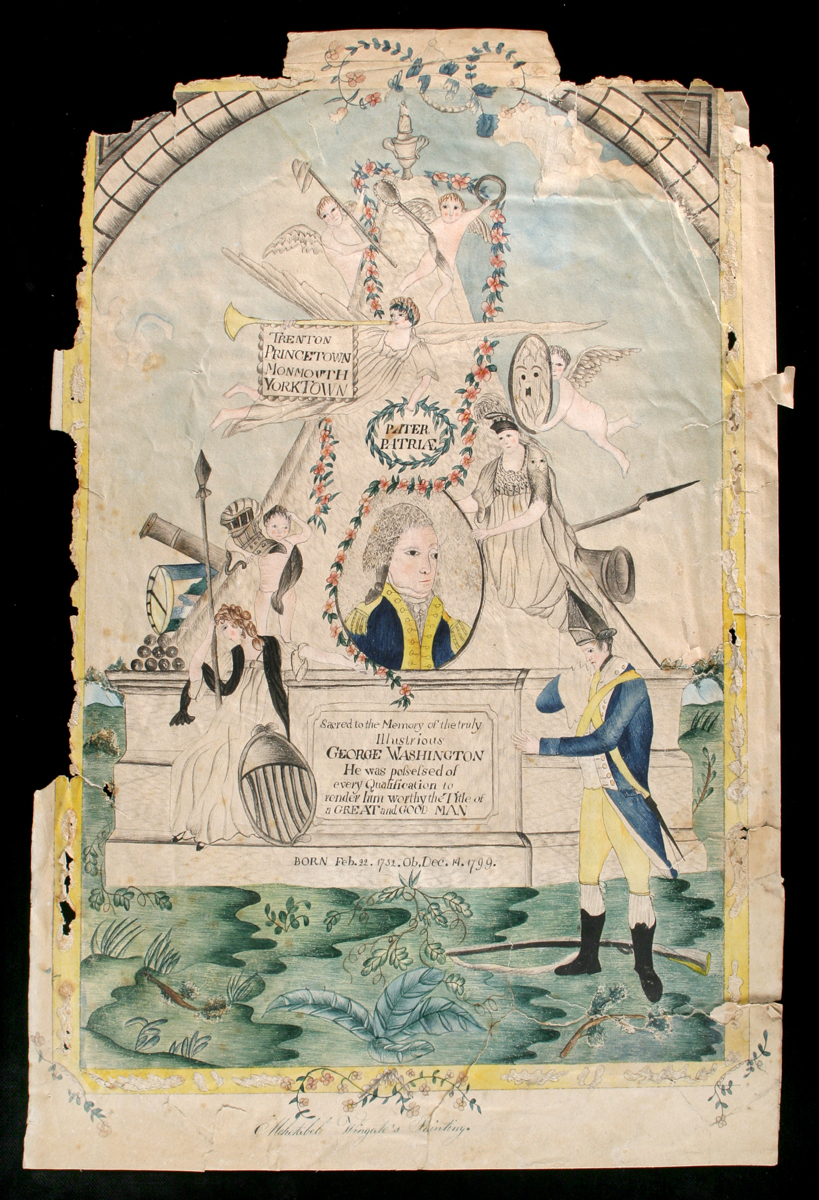 Painting of memorial with image of George Washington in center, angel to one side and soldier weeping in front