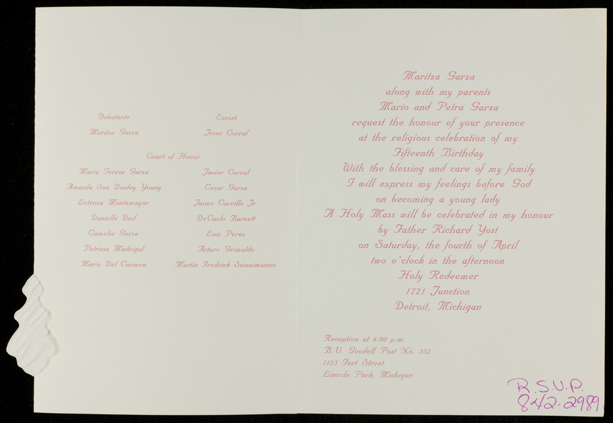 Two pages with pink text