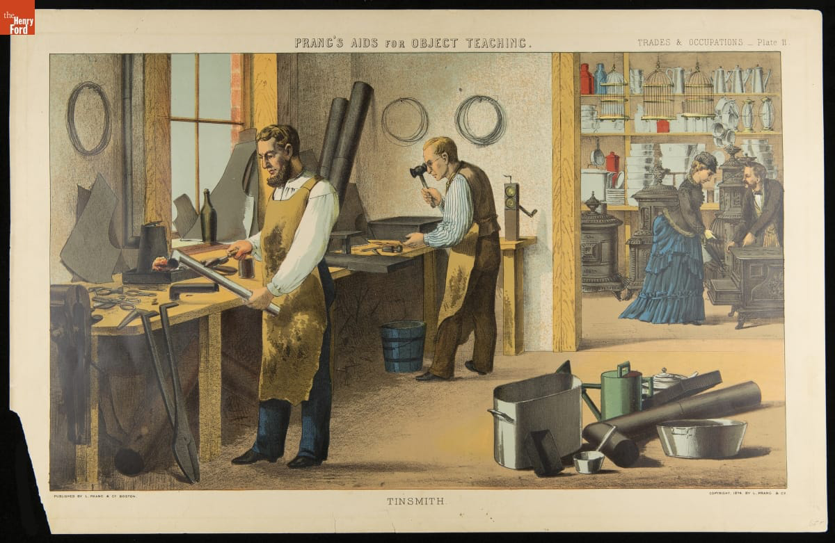 Chromolithograph, "Prang's Aids for Object Teaching, Trades & Occupations-Plate 11, Tinsmith," 1874 Chromolithograph, "Prang's Aids for Object Teaching, Trades & Occupations-Plate 11, Tinsmith," 1874